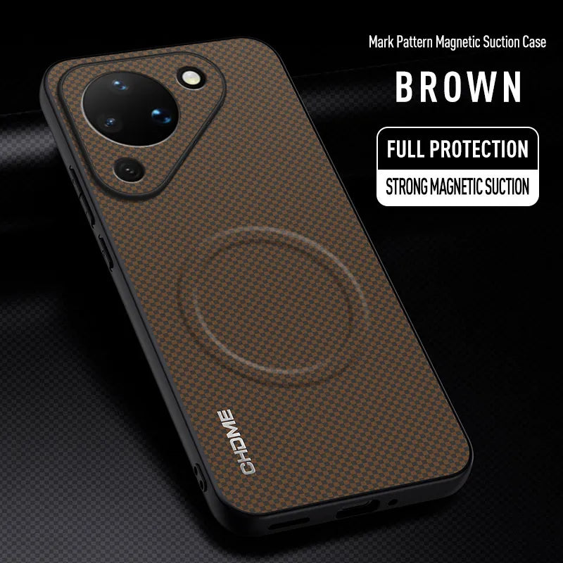 Luxury Magnetic Car Holder Mark Texture Leather Back case for Huawei Pura 90 Pro Max / Pro / 90 Lens Protection Soft Edge Cover