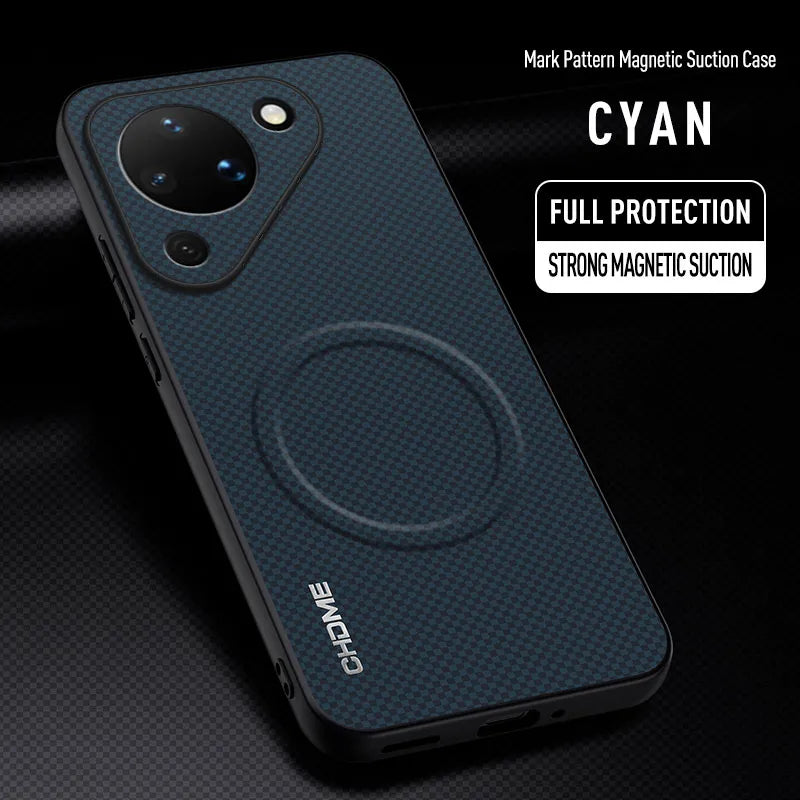 Luxury Magnetic Car Holder Mark Texture Leather Back case for Huawei Pura 90 Pro Max / Pro / 90 Lens Protection Soft Edge Cover