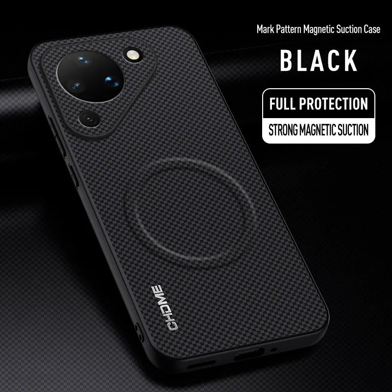 Luxury Magnetic Car Holder Mark Texture Leather Back case for Huawei Pura 90 Pro Max / Pro / 90 Lens Protection Soft Edge Cover