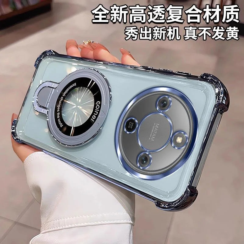 For Honor Magic 8 Lite X9D X70 Case Magnetic Holder Luxury Plating Airbag Soft Silicone Transparent Camera Protection Back Cover