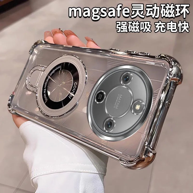 For Honor Magic 8 Lite X9D X70 Case Magnetic Holder Luxury Plating Airbag Soft Silicone Transparent Camera Protection Back Cover