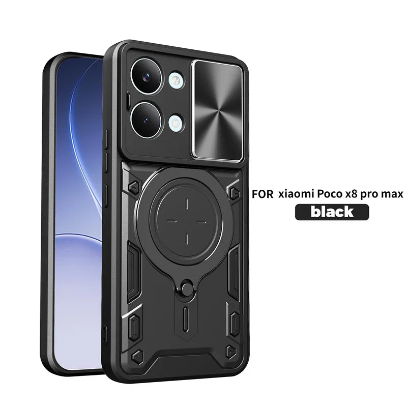 Funda For Xiaomi Poco X8 Pro Max 5G Case Car Magnetic Holder Ring Armor Phone Case For Poco X8Pro Max Slide Lens Protector Cover