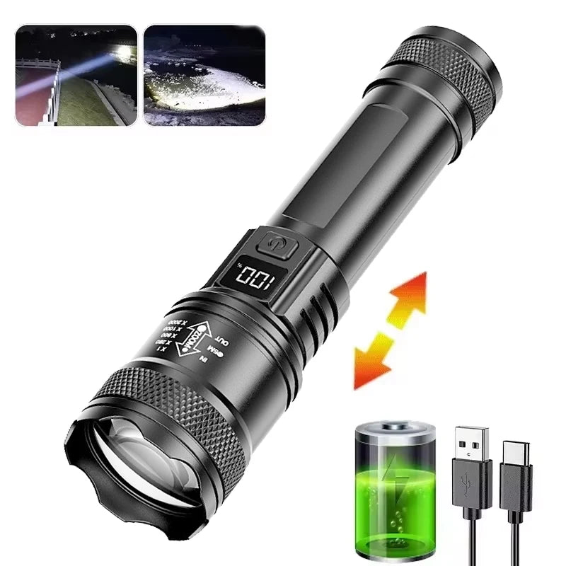 Lampe Torche LED 100000LM — Rechargeable, Zoom & Étanche 🔦