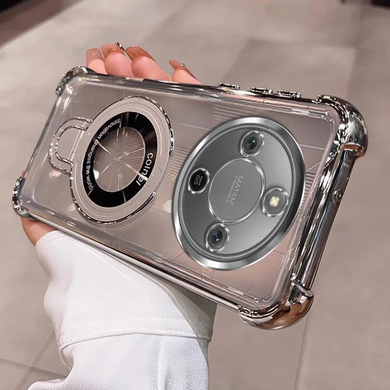 For Honor Magic 8 Lite X9D X70 Case Magnetic Holder Luxury Plating Airbag Soft Silicone Transparent Camera Protection Back Cover
