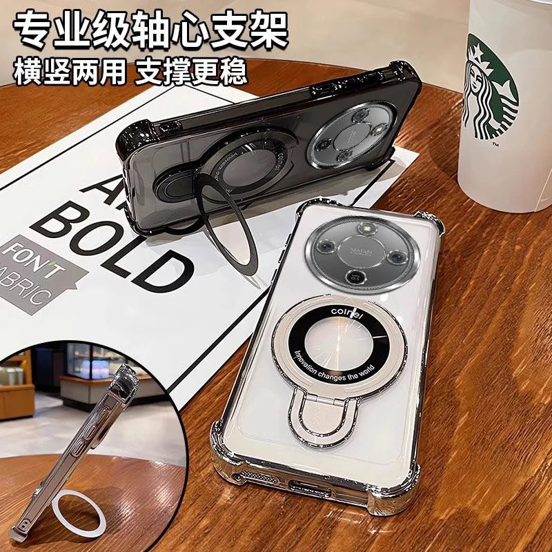 For Honor Magic 8 Lite X9D X70 Case Magnetic Holder Luxury Plating Airbag Soft Silicone Transparent Camera Protection Back Cover