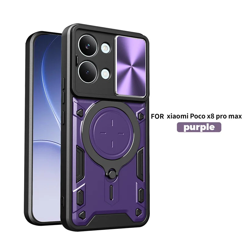 Funda For Xiaomi Poco X8 Pro Max 5G Case Car Magnetic Holder Ring Armor Phone Case For Poco X8Pro Max Slide Lens Protector Cover